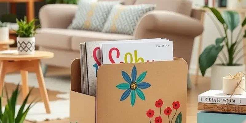 A modern living room showcasing DIY cardboard and fabric-covered magazine holders.