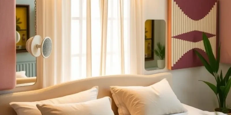 A peaceful apartment interior with cozy bedroom lighting, plants, and a reading nook, promoting restful living.