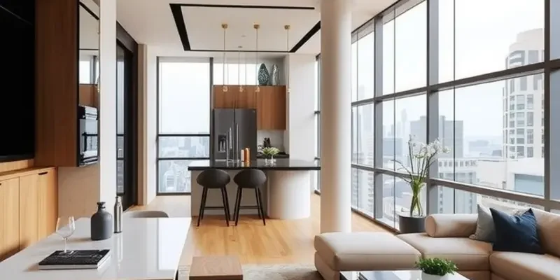 A diverse group of people enjoying a lively luxury neighborhood with upscale stores and outdoor cafés.