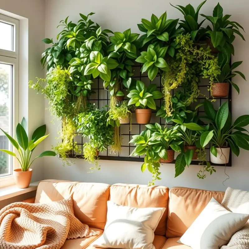 A vertical garden adds greenery to an apartment living space.