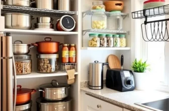 A charming apartment kitchen filled with stylish organization tips, looking lively and inviting.
