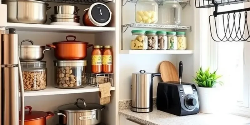 A charming apartment kitchen filled with stylish organization tips, looking lively and inviting.