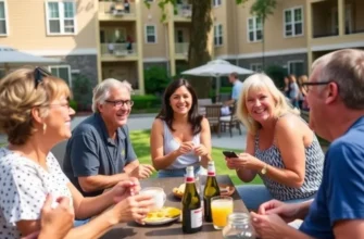 A lively scene of residents in an apartment complex enjoying community spaces together, reflecting joy and harmony.