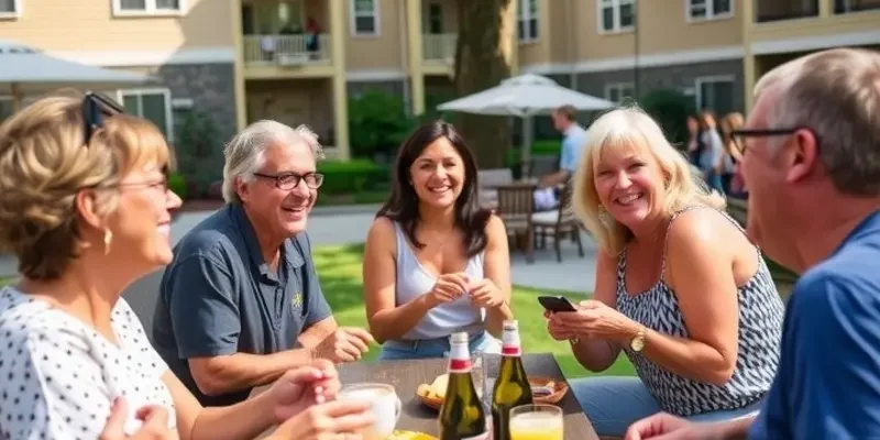 A lively scene of residents in an apartment complex enjoying community spaces together, reflecting joy and harmony.