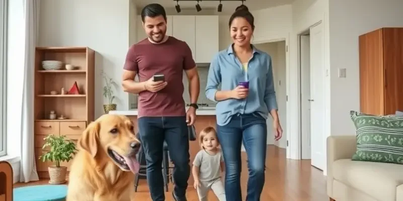 A family and their dog enjoying time outside an apartment building.