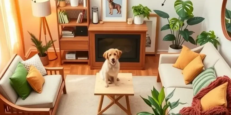 A vibrant apartment shared by a family and their pets, showcasing a pet-friendly environment.