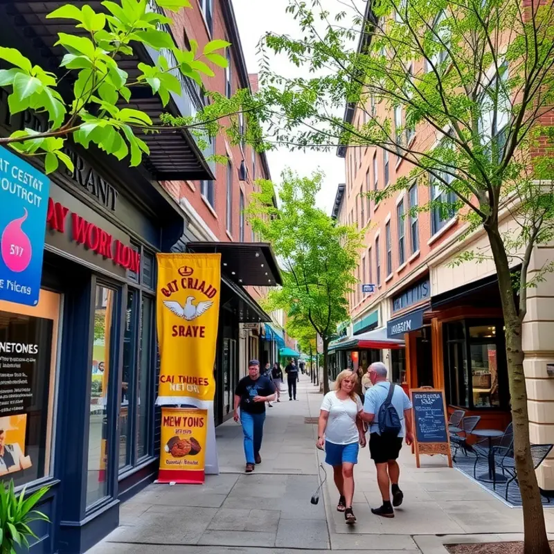 A lively street in a walkable neighborhood filled with shops, cafes, and pedestrians.