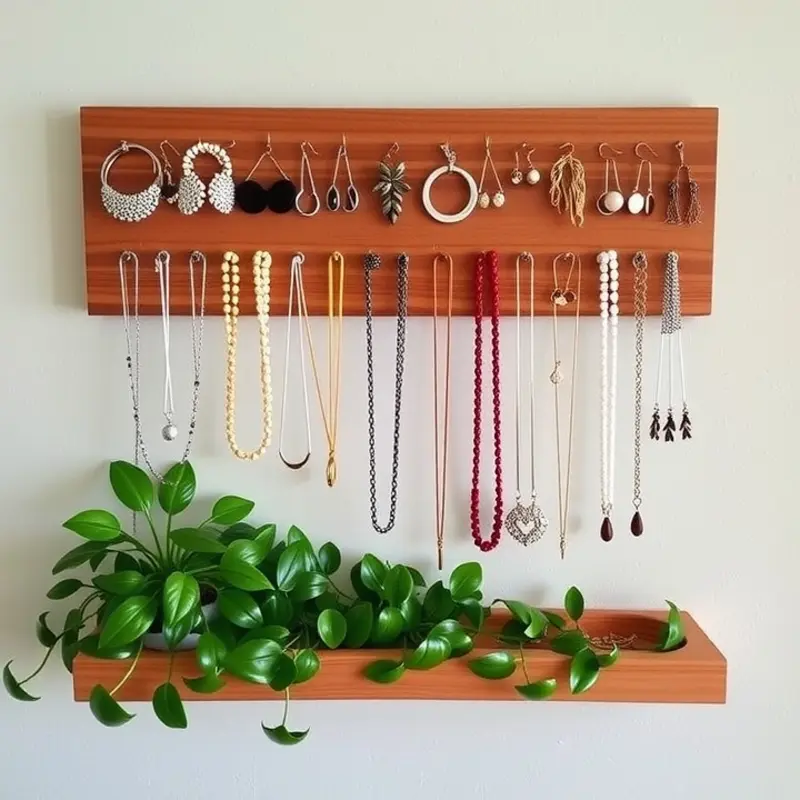 An artistic wall-mounted jewelry organizer that combines practicality with decoration.