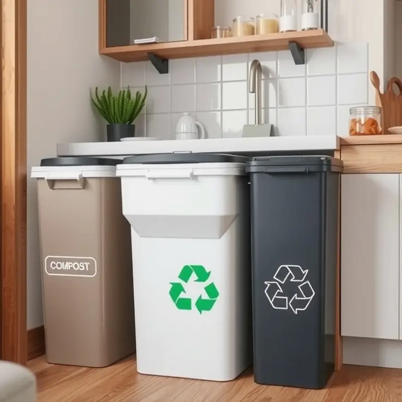 An organized kitchen setup for waste separation in an apartment.