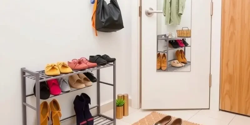 A bright and welcoming apartment entryway, organized with shoe storage and wall hooks.