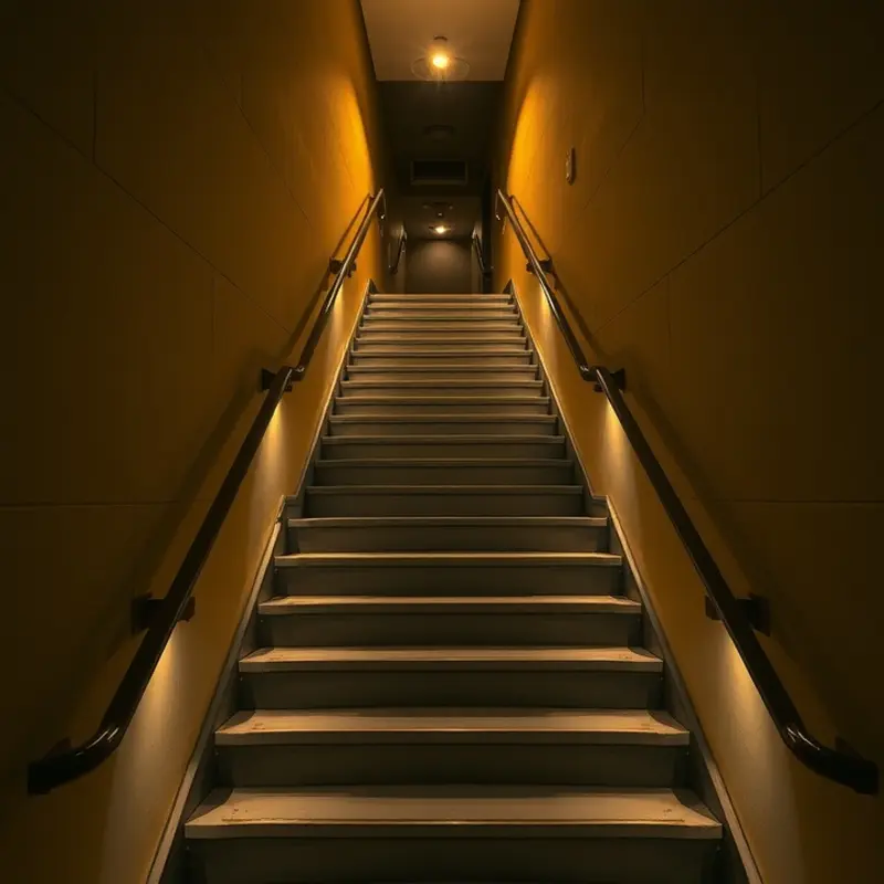 A well-lit apartment stairway enhances safety and visibility.