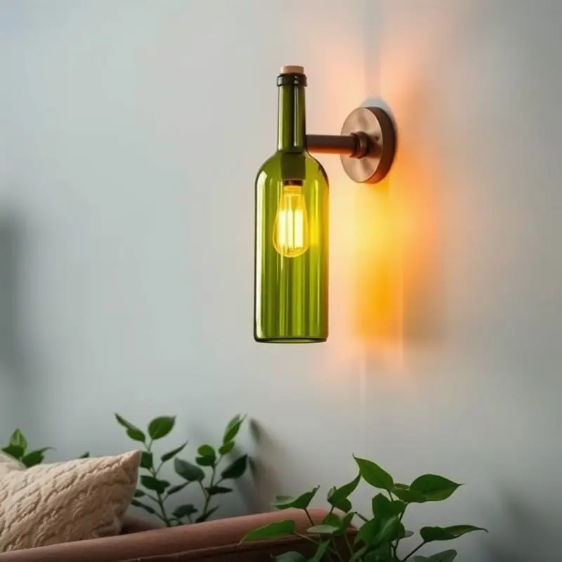 Repurposed wine bottle sconce illuminating a cozy corner.
