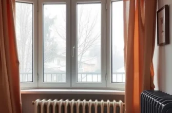 View from an apartment window showing a snowy outdoor scene, with warm light emanating from inside.