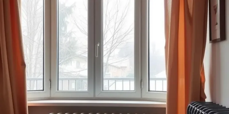 View from an apartment window showing a snowy outdoor scene, with warm light emanating from inside.