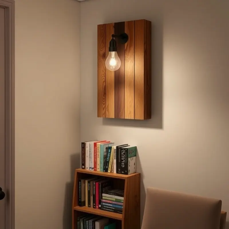 Repurposed wine bottle sconce illuminating a cozy corner.