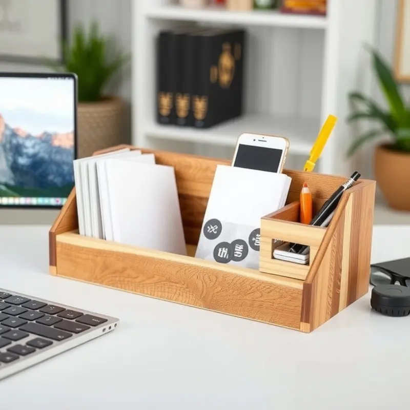 A cardboard desk organizer customized for an artistic workspace.