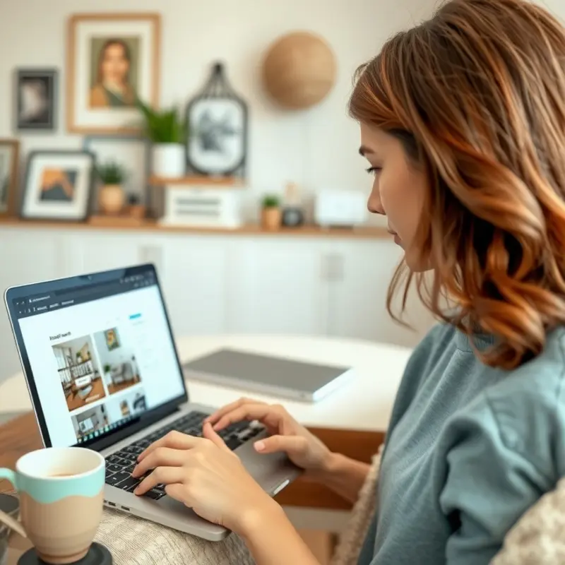 A young adult enjoys searching for rental properties in a stylish apartment.