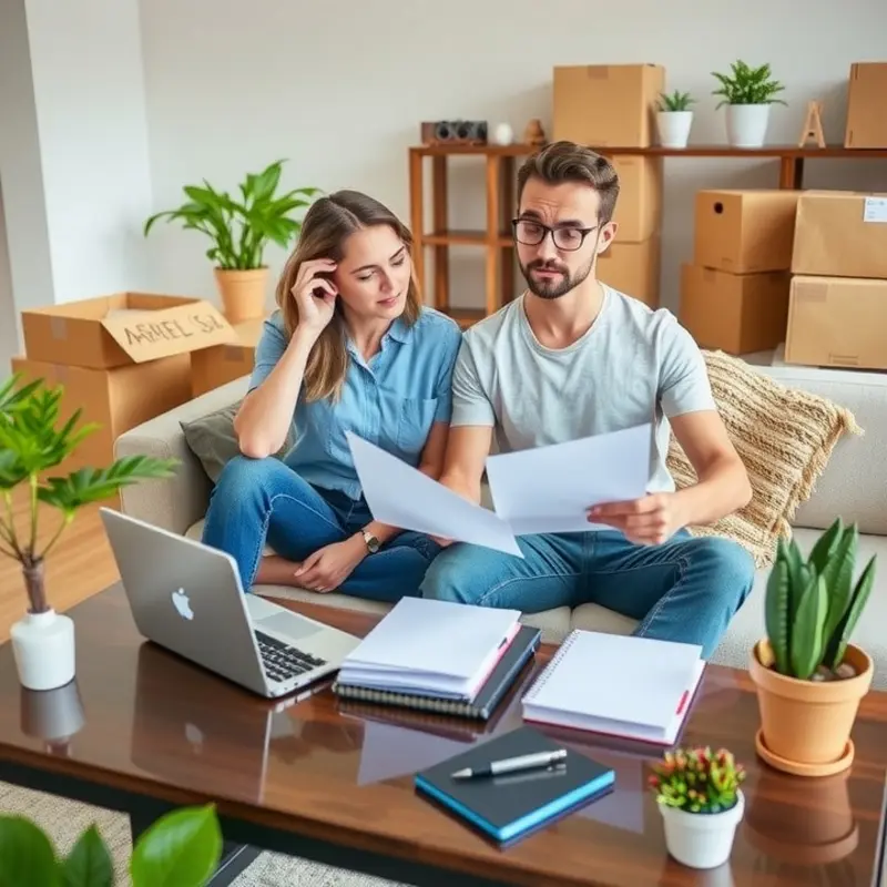 A young couple navigates apartment leasing paperwork while preparing to move.