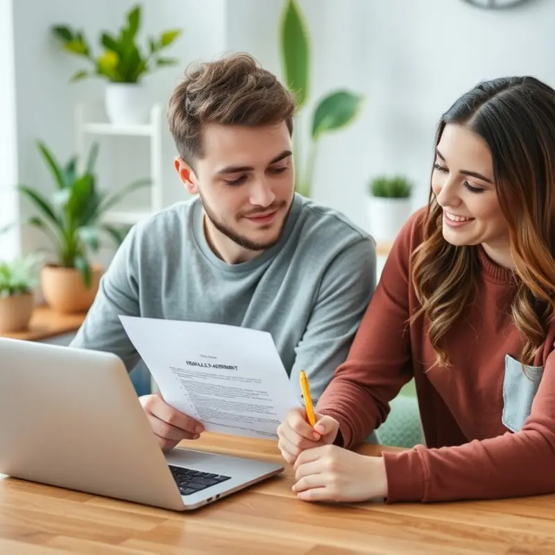 A couple reviewing their lease agreement while discussing potential negotiations.