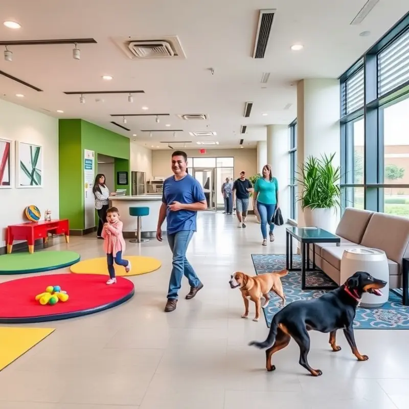 A lively apartment lobby with safe play areas for children and pets.