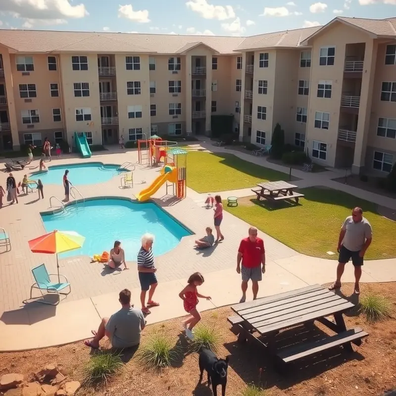 A lively apartment lobby with safe play areas for children and pets.