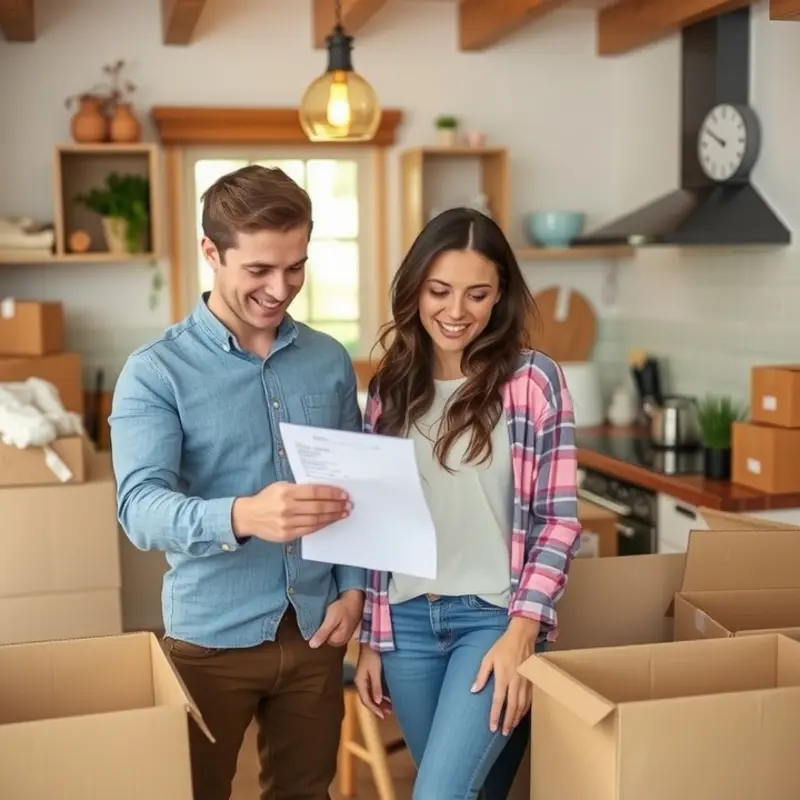 A couple planning their move, sorting finances for apartment costs.