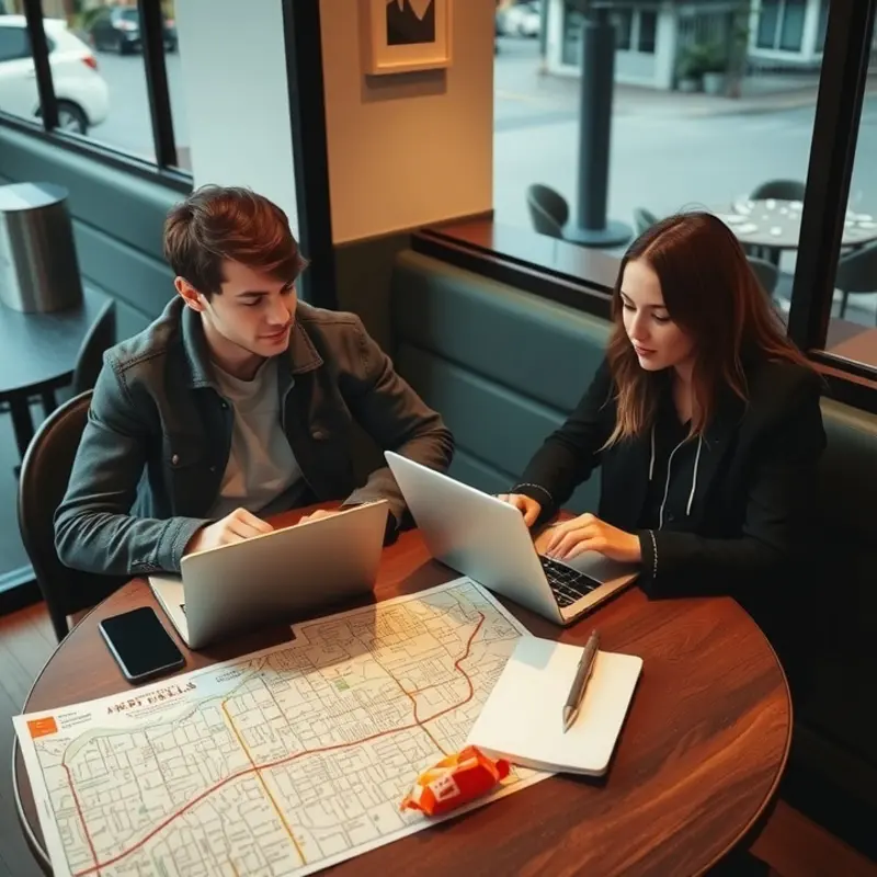 Couple engaged in apartment research over coffee.