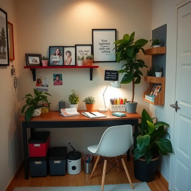 A stylish and functional apartment desk setup, emphasizing cozy organization.