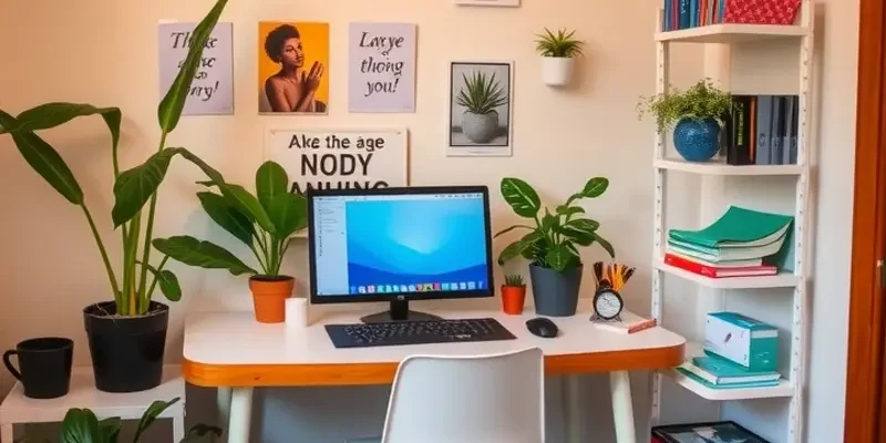 Stylish apartment desk brimming with organization ideas and a cheerful vibe.