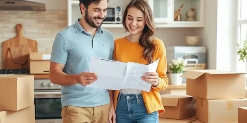 A vibrant apartment complex bustling with diverse residents moving in.